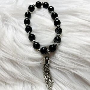 Beaded and Metal Tassel Boho Bracelet Black and Silver One Size